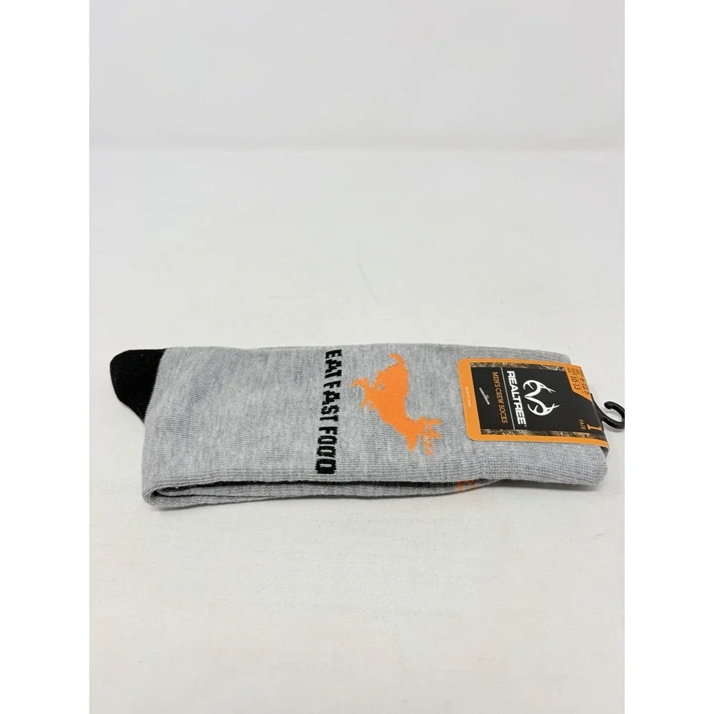 Realtree Mens Sock Size 10-13 Eat Fast Food Deer Hunting Crew Socks in Gray 2392